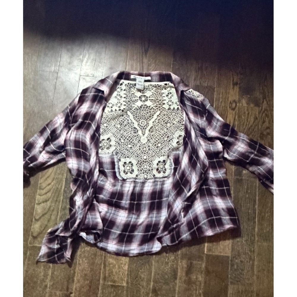 American Rag Womens Plaid Crochet Back Flannel Cardigan Pink/Black Large